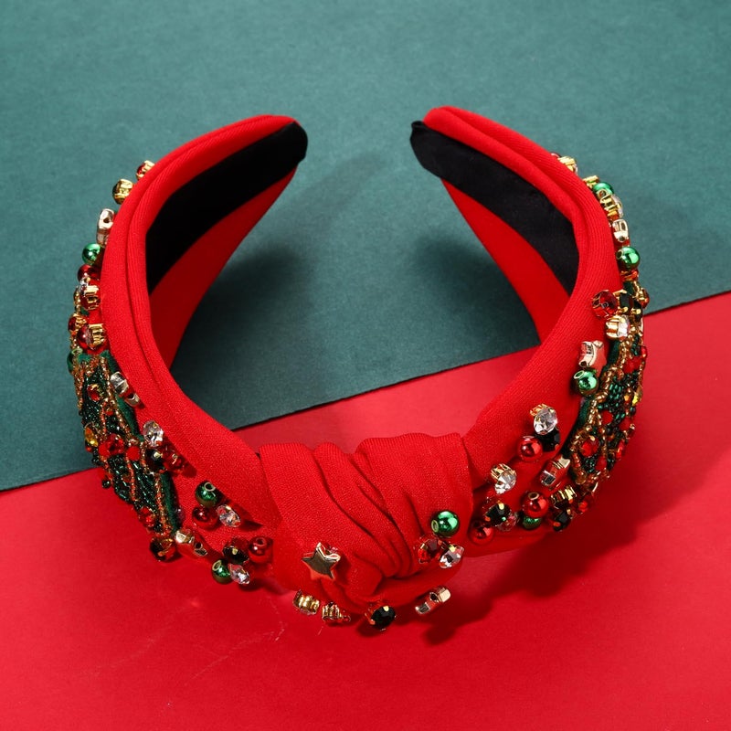 Boderier Christmas Headbands for Women Beaded Christmas Tree Headband Jeweled Crystal Star Wide Knotted Headband Xmas Holiday Hair Accessories Gifts (Red-Tree) - Image 3